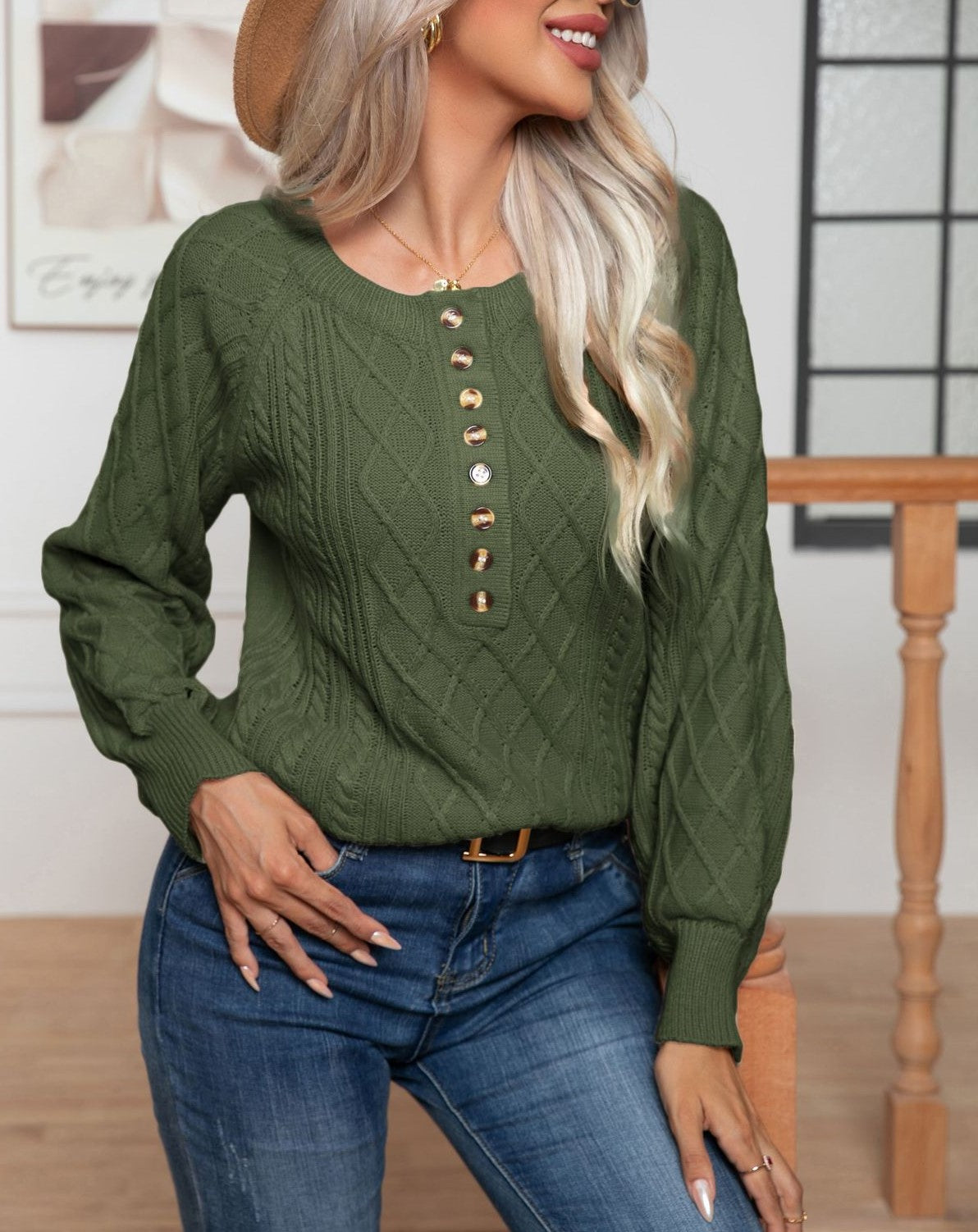 Cable Knit Button Placket Balloon Sleeve Sweater - Green - 4