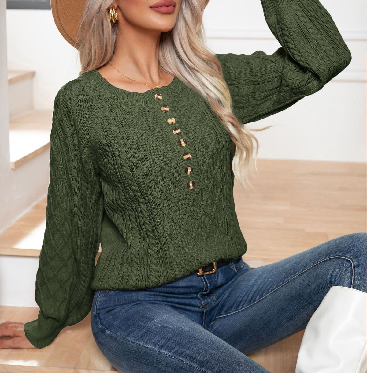 Cable Knit Button Placket Balloon Sleeve Sweater - Green - 5