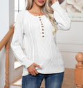 Cable Knit Button Placket Balloon Sleeve Sweater - White