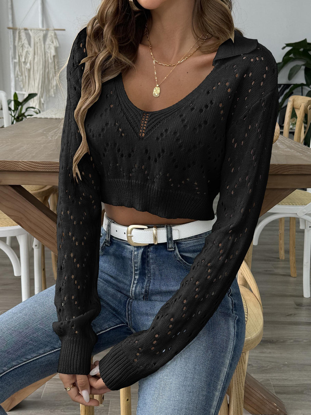 Pointelle Collared V Neck Cropped Knit Top - Black