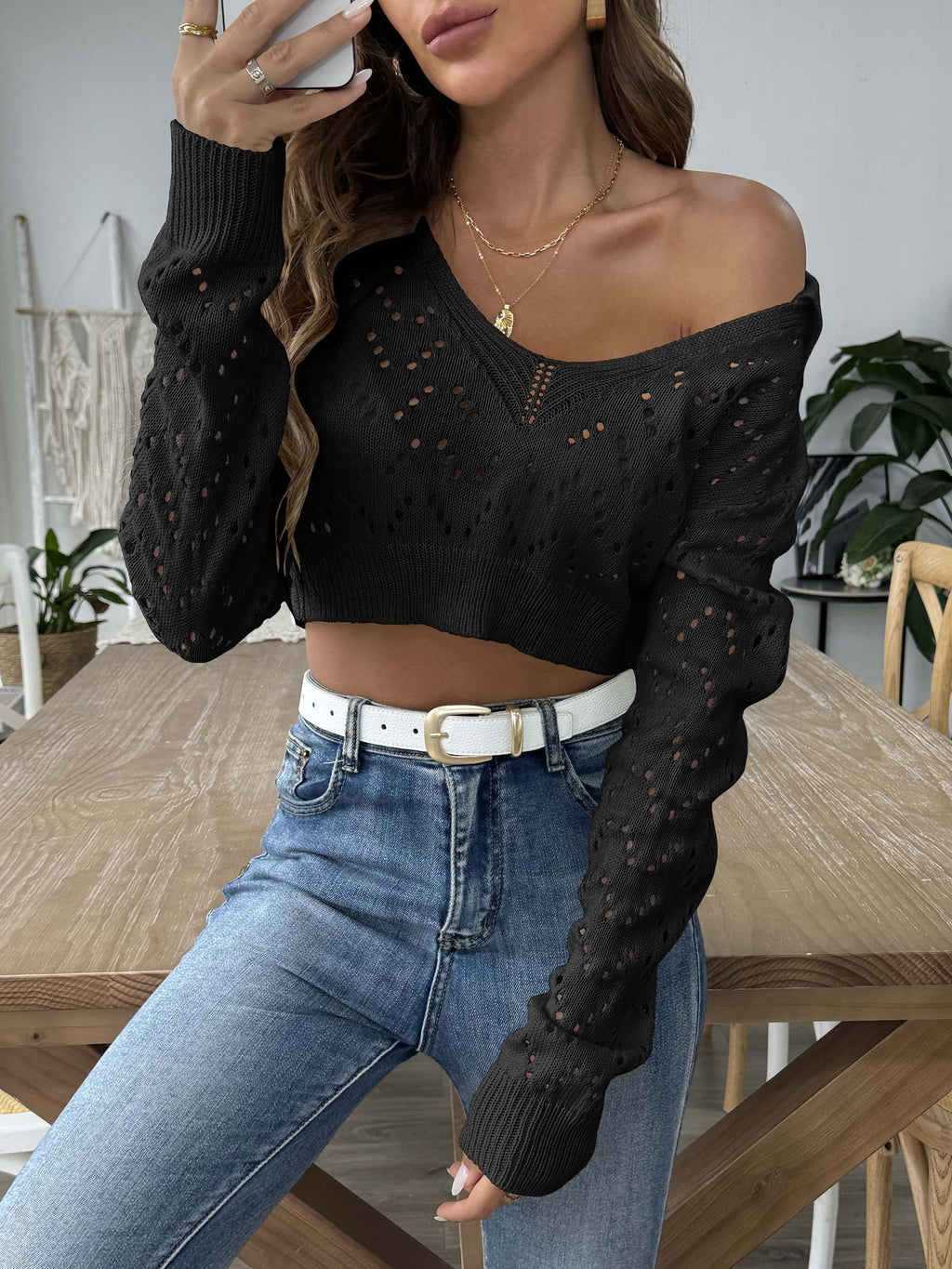 Pointelle Collared V Neck Cropped Knit Top - Black - 1