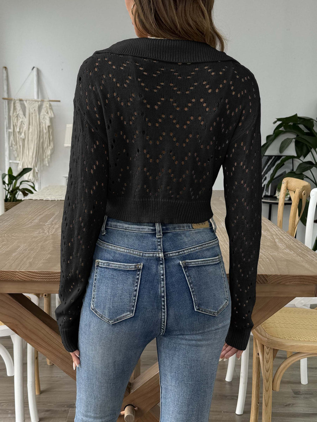 Pointelle Collared V Neck Cropped Knit Top - Black - 3