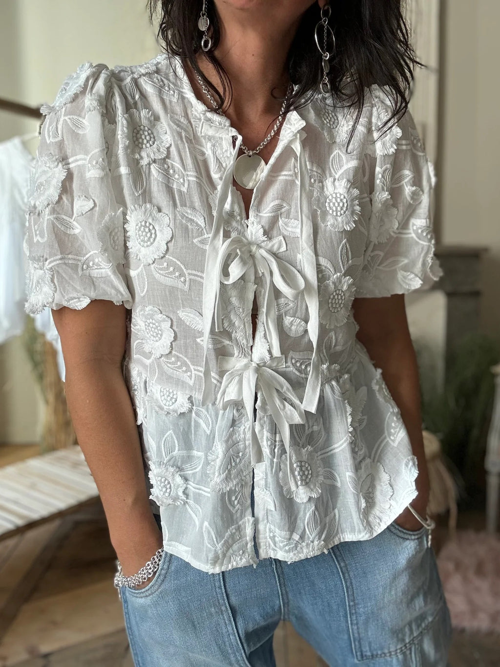Textured Floral Tie Front Peplum Blouse - White