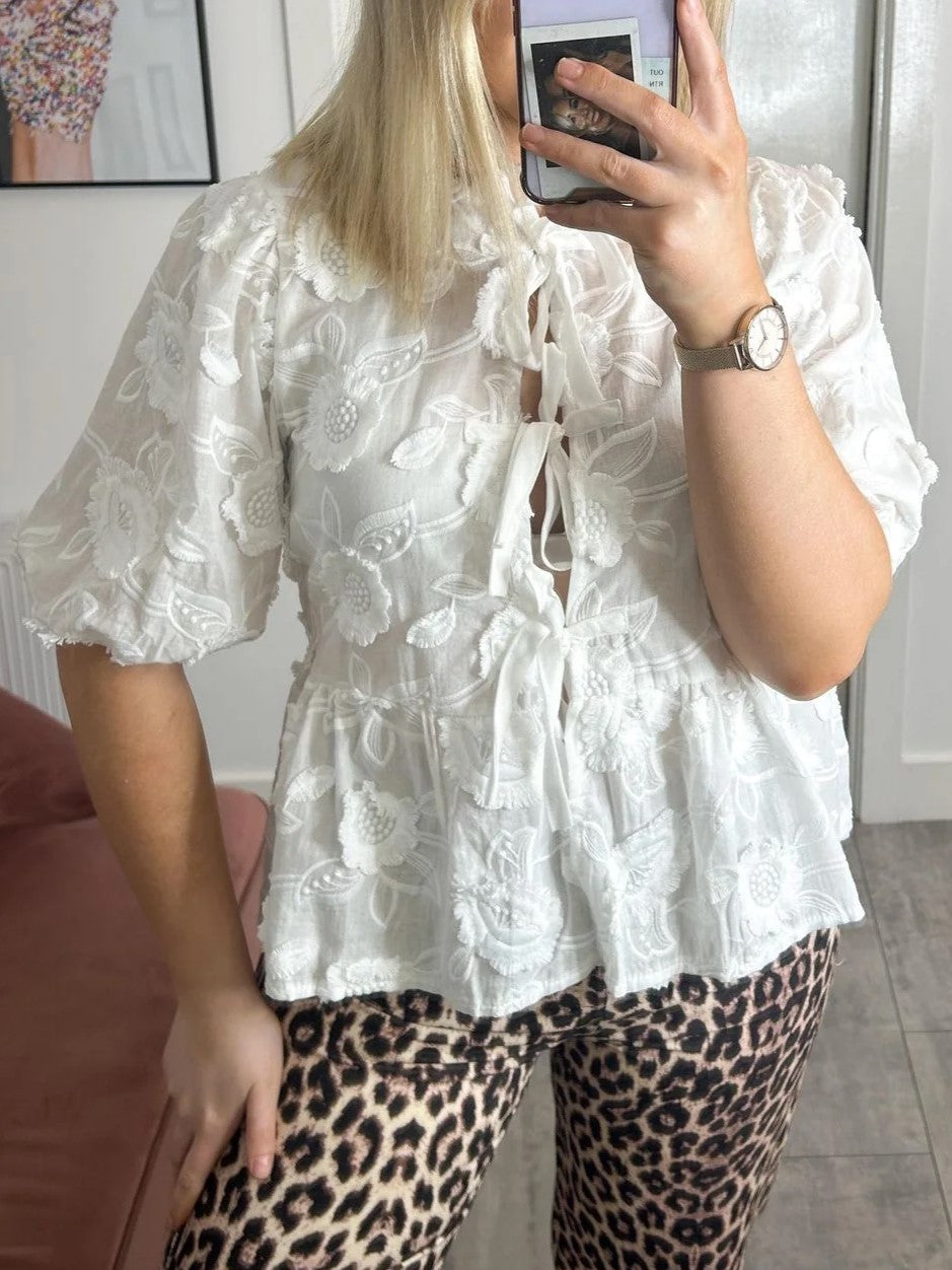 Textured Floral Tie Front Peplum Blouse - White - 1