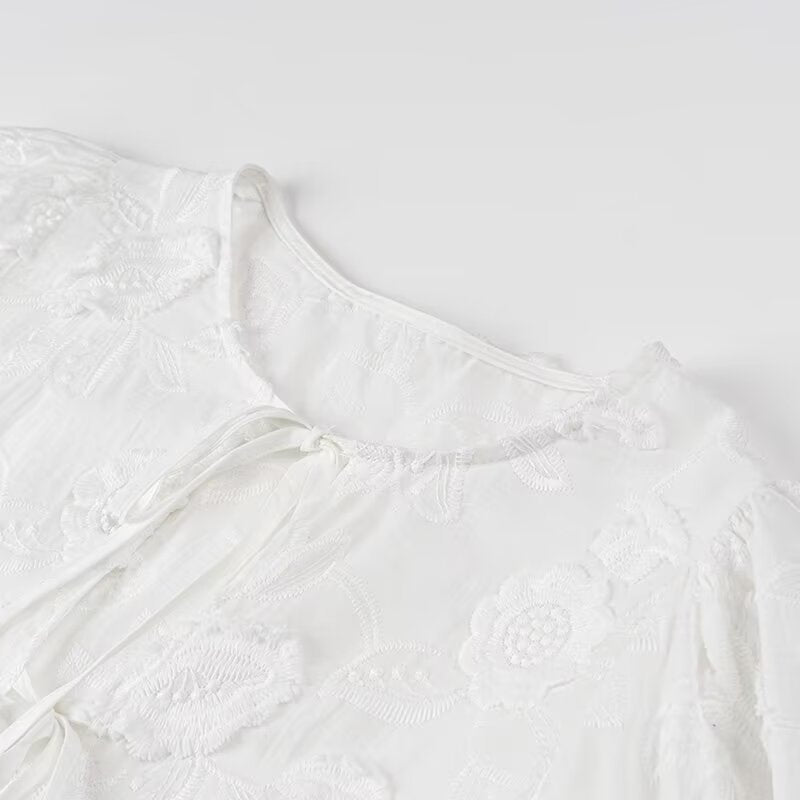 Textured Floral Tie Front Peplum Blouse - White - 10