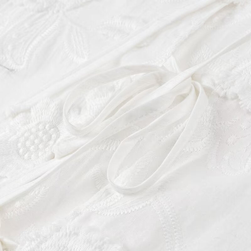 Textured Floral Tie Front Peplum Blouse - White - 11