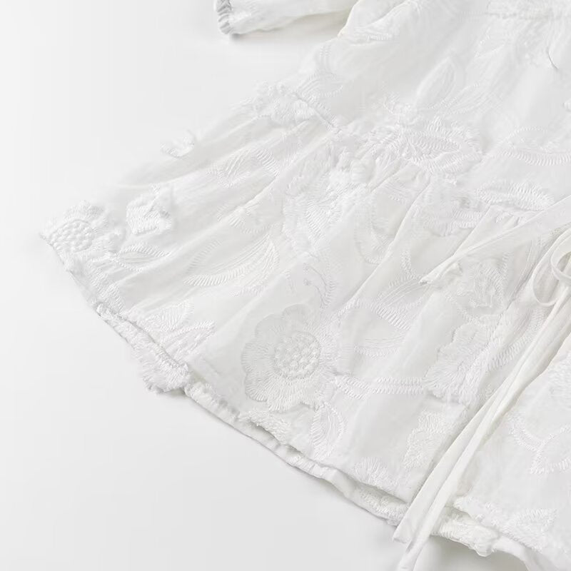 Textured Floral Tie Front Peplum Blouse - White - 13