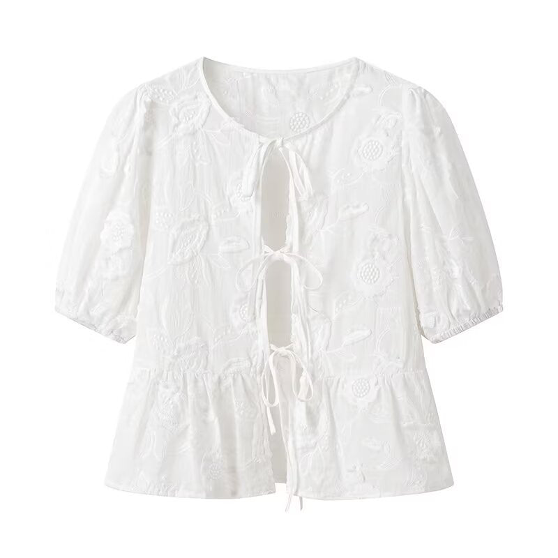 Textured Floral Tie Front Peplum Blouse - White - 16