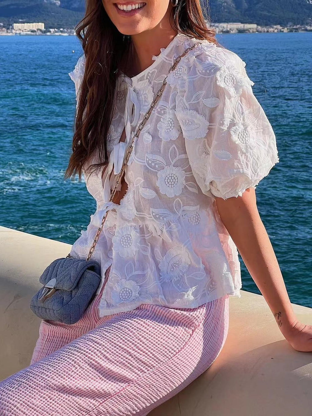 Textured Floral Tie Front Peplum Blouse - White - 2