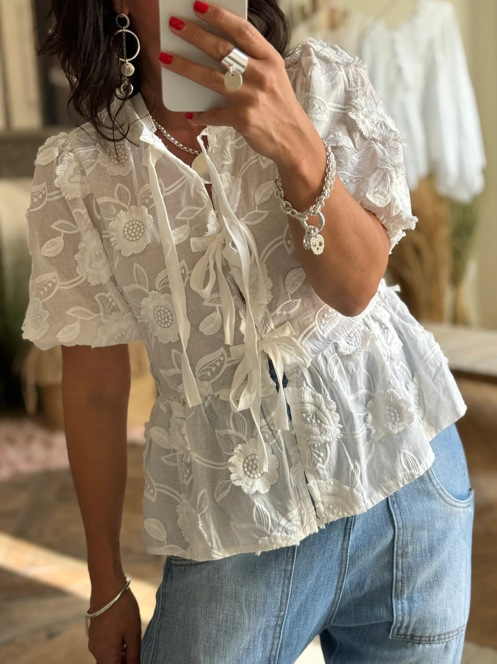 Textured Floral Tie Front Peplum Blouse - White - 8