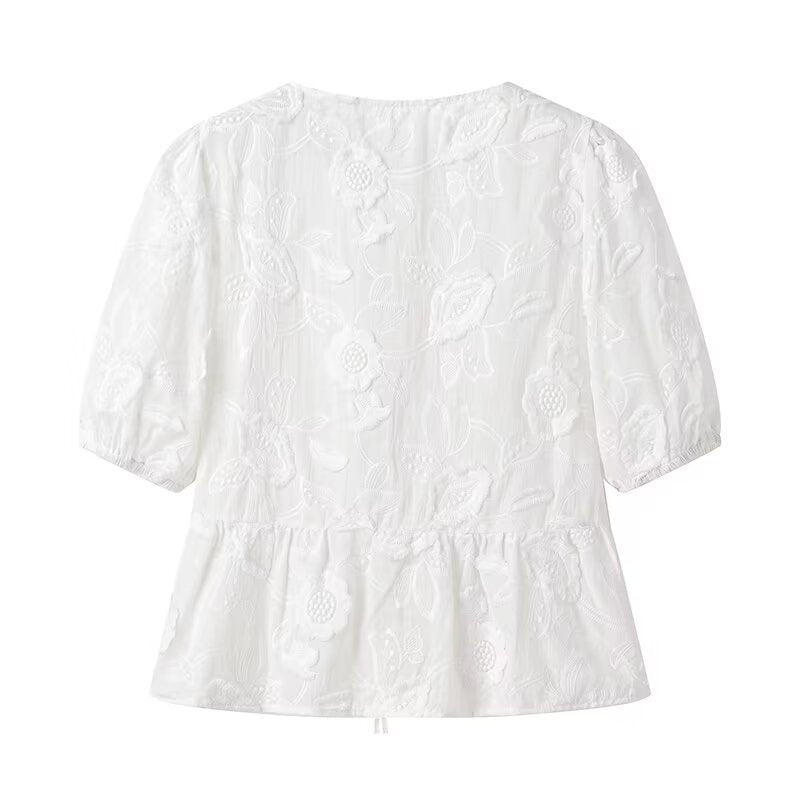 Textured Floral Tie Front Peplum Blouse - White - 9