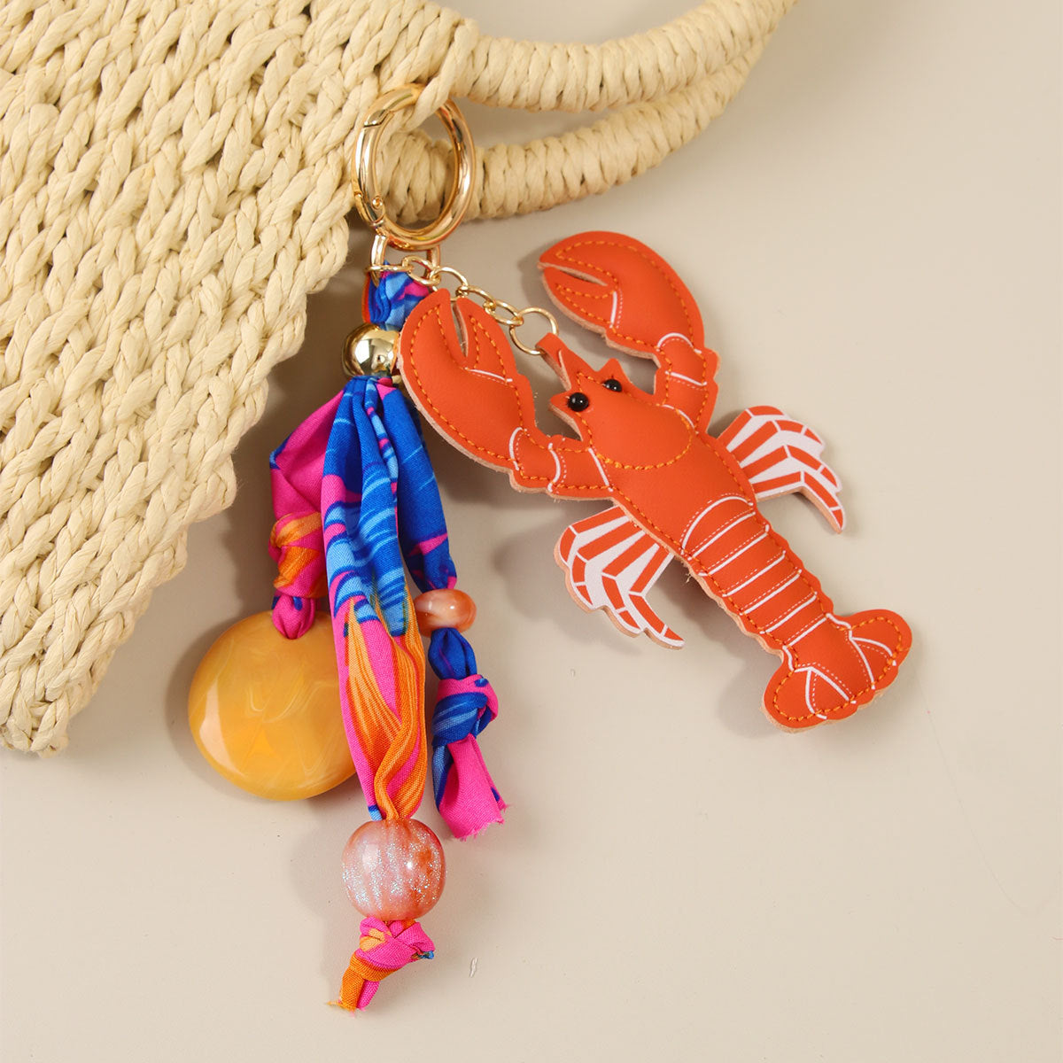 Lobster Bag Charm Keychain With Fabric Tassels - Orange - 1