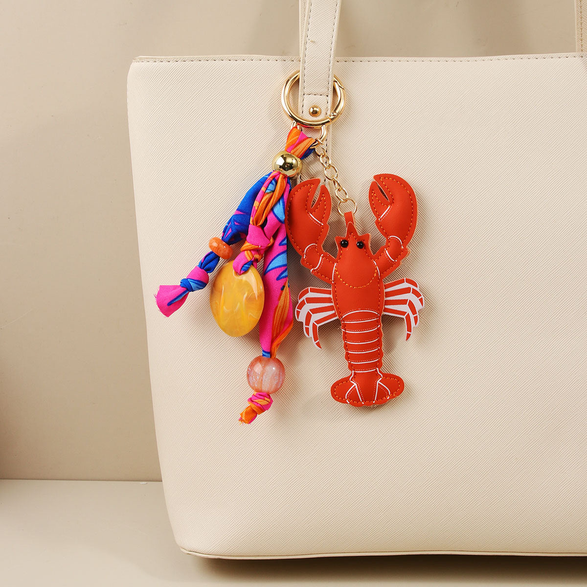 Lobster Bag Charm Keychain With Fabric Tassels - Orange - 2