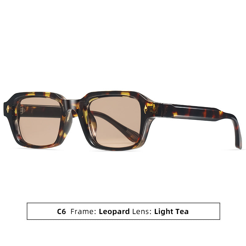 Rivet-Detail Square Frame Fashion Sunglasses - Leopard Tea