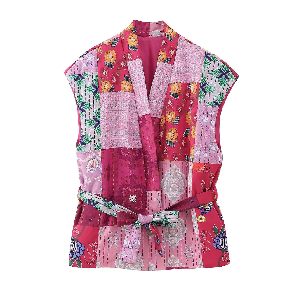 Patchwork Print Quilted Belted Vest - RoseRed