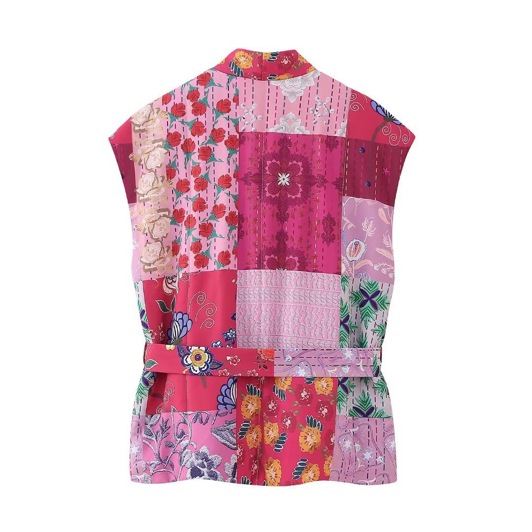 Patchwork Print Quilted Belted Vest - RoseRed - 1