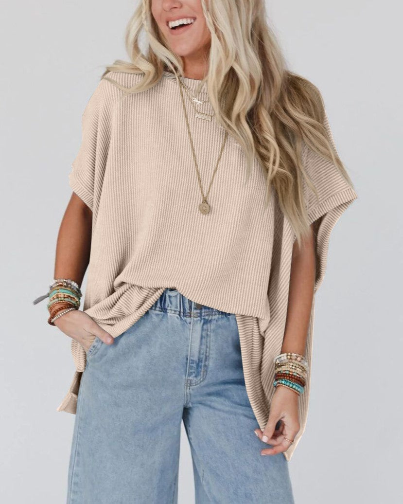 Oversized Dolman Sleeve Mock Neck T-Shirt - Apricot - 1