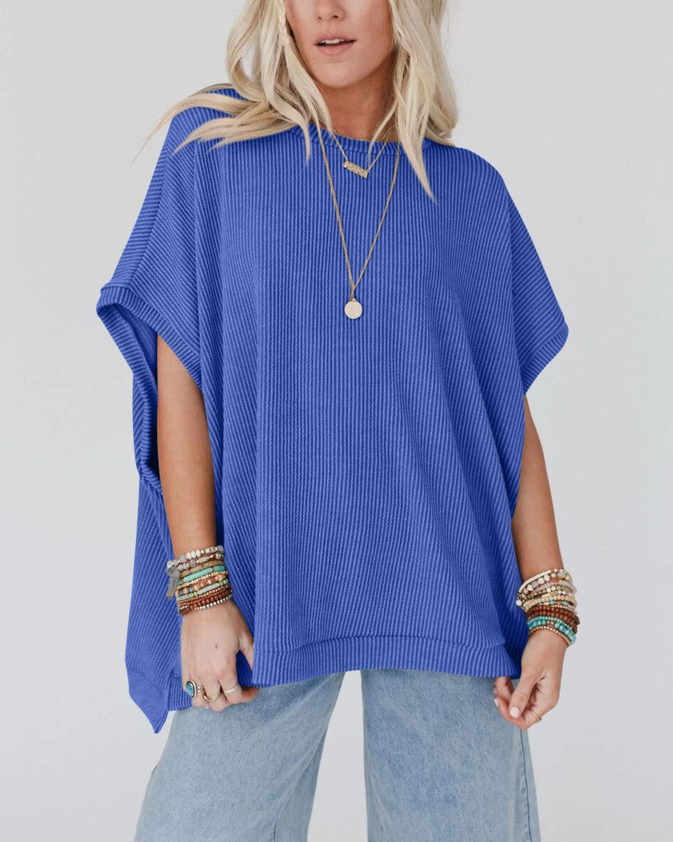 Oversized Dolman Sleeve Mock Neck T-Shirt - Blue