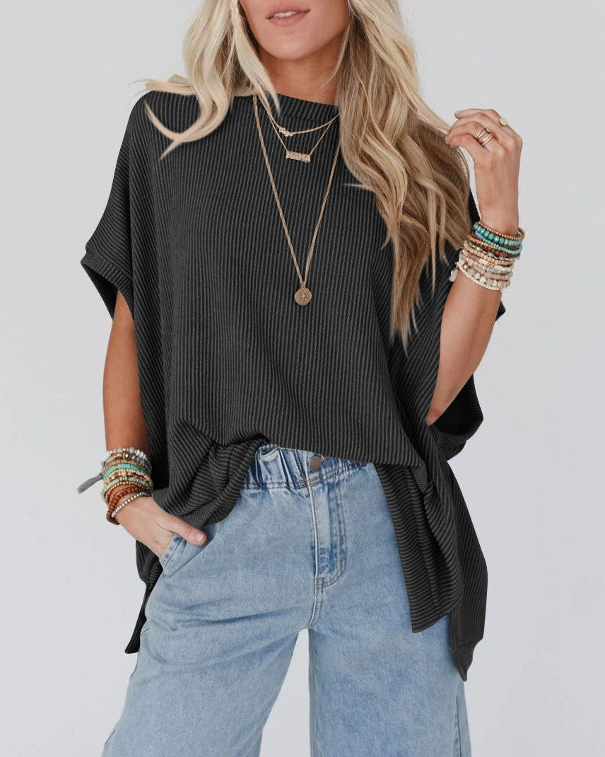 Oversized Dolman Sleeve Mock Neck T-Shirt - DarkGrey - 1