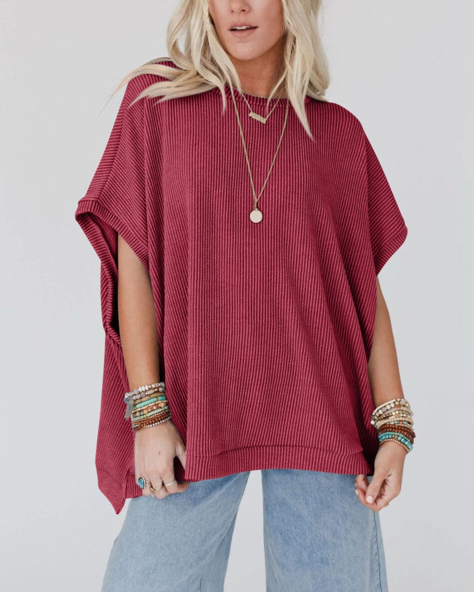 Oversized Dolman Sleeve Mock Neck T-Shirt - Red