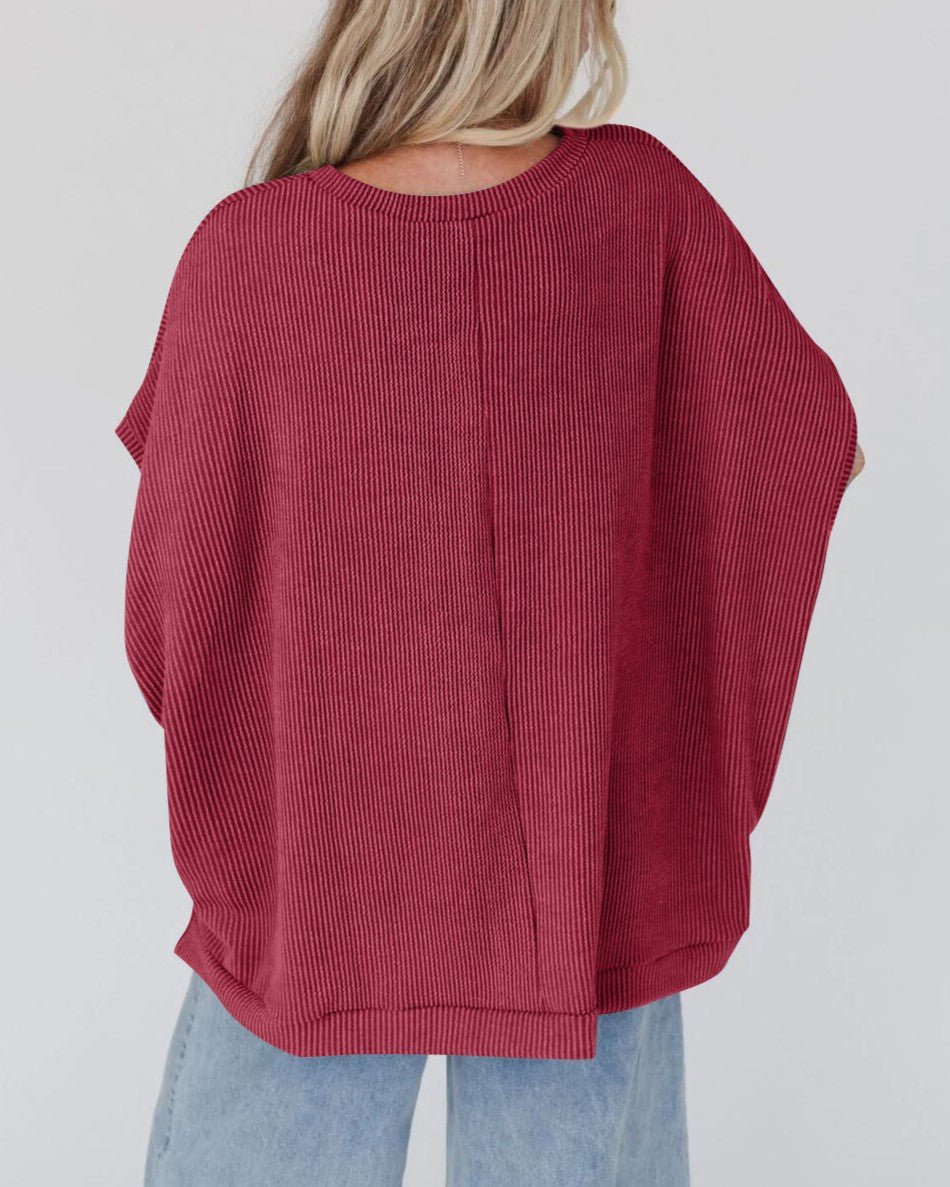 Oversized Dolman Sleeve Mock Neck T-Shirt - Red - 1