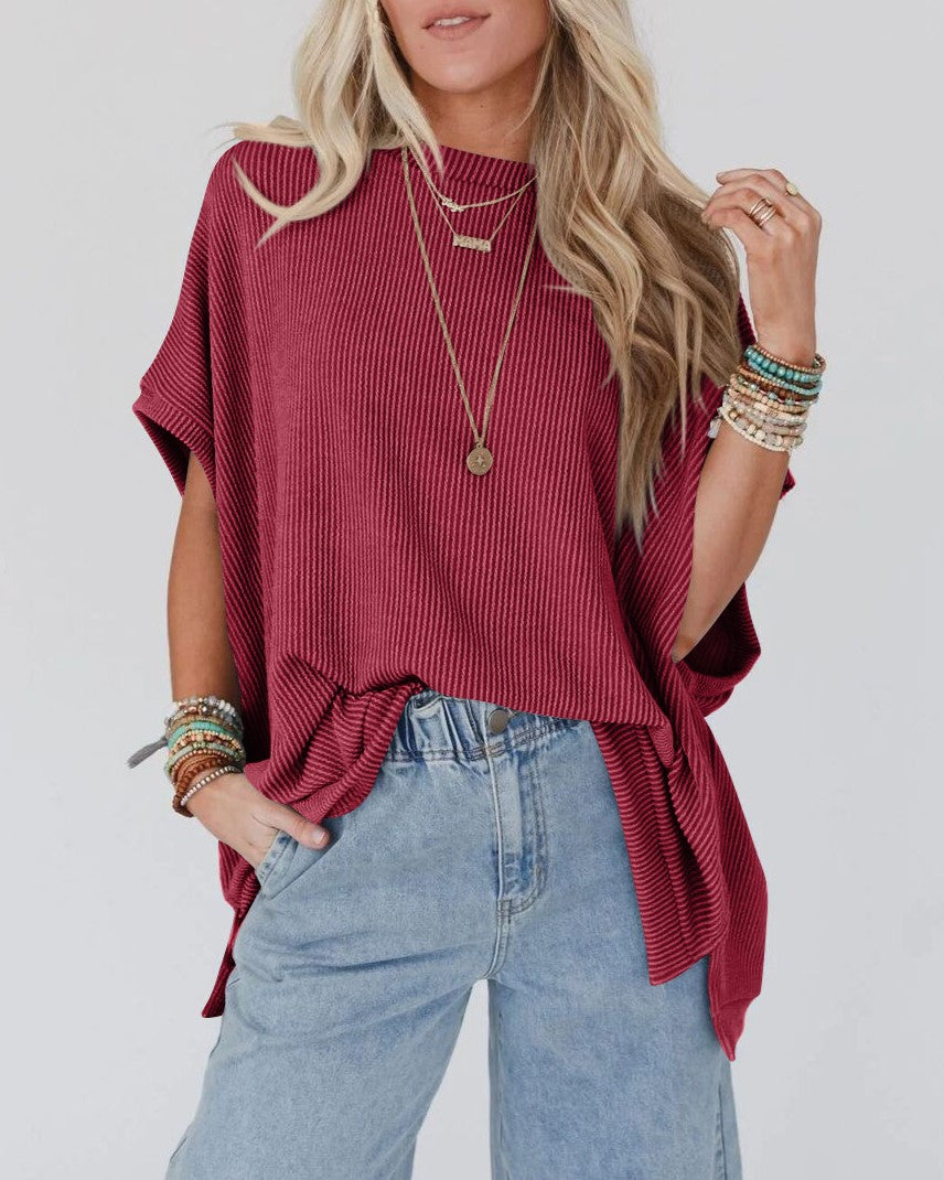 Oversized Dolman Sleeve Mock Neck T-Shirt - Red - 2