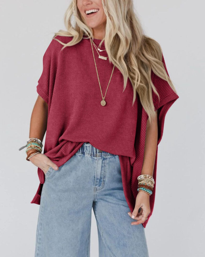 Oversized Dolman Sleeve Mock Neck T-Shirt - Red - 3