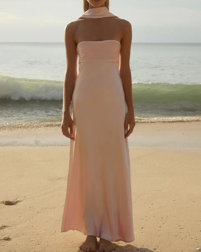 Lace Up Back Tube Top Maxi Dress - Pink