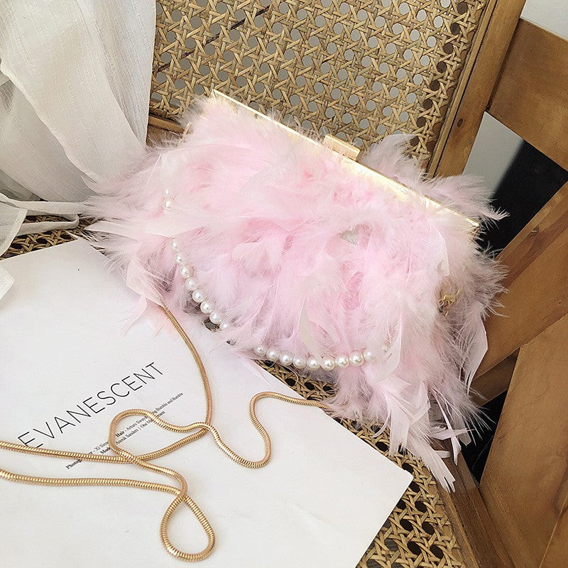 Feather Frame Evening Bag with Pearl Strap - Pink Chain