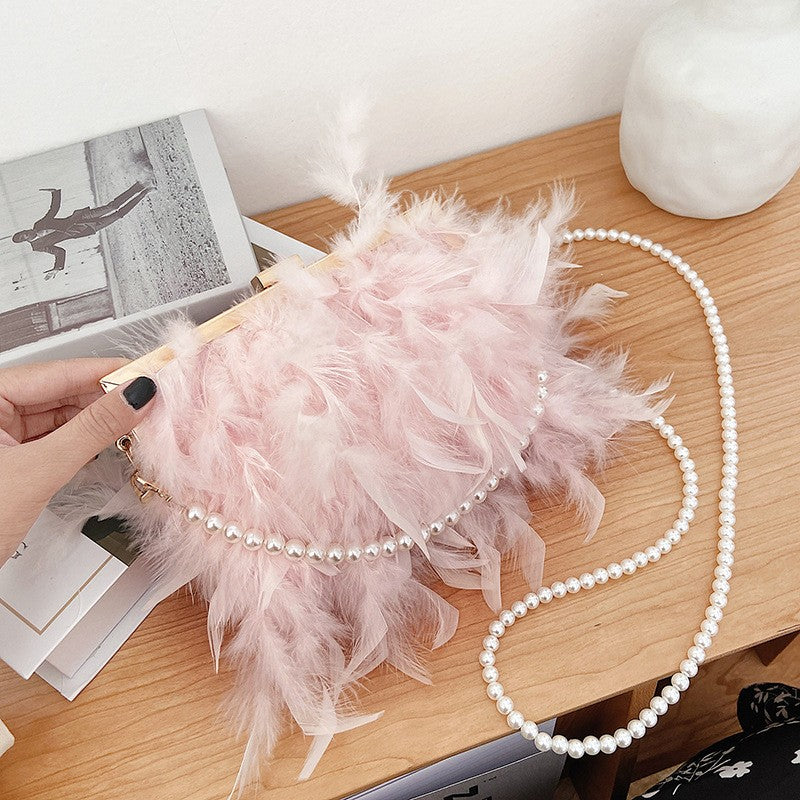 Feather Frame Evening Bag with Pearl Strap - Pink Pearl