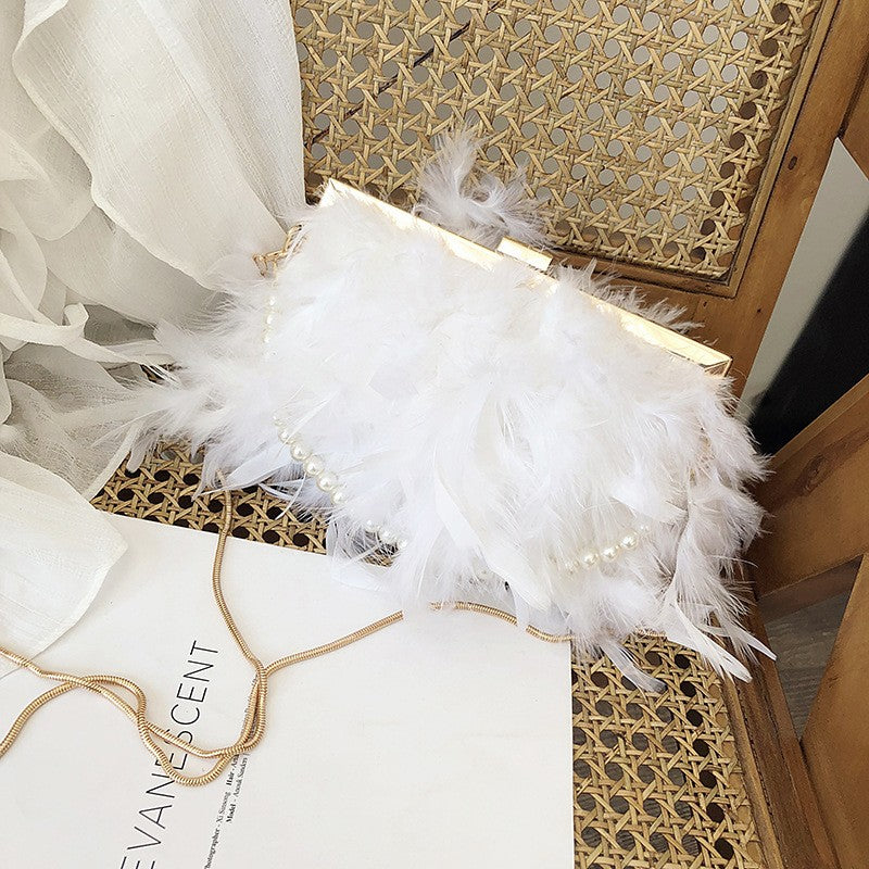 Feather Frame Evening Bag with Pearl Strap - White Chain