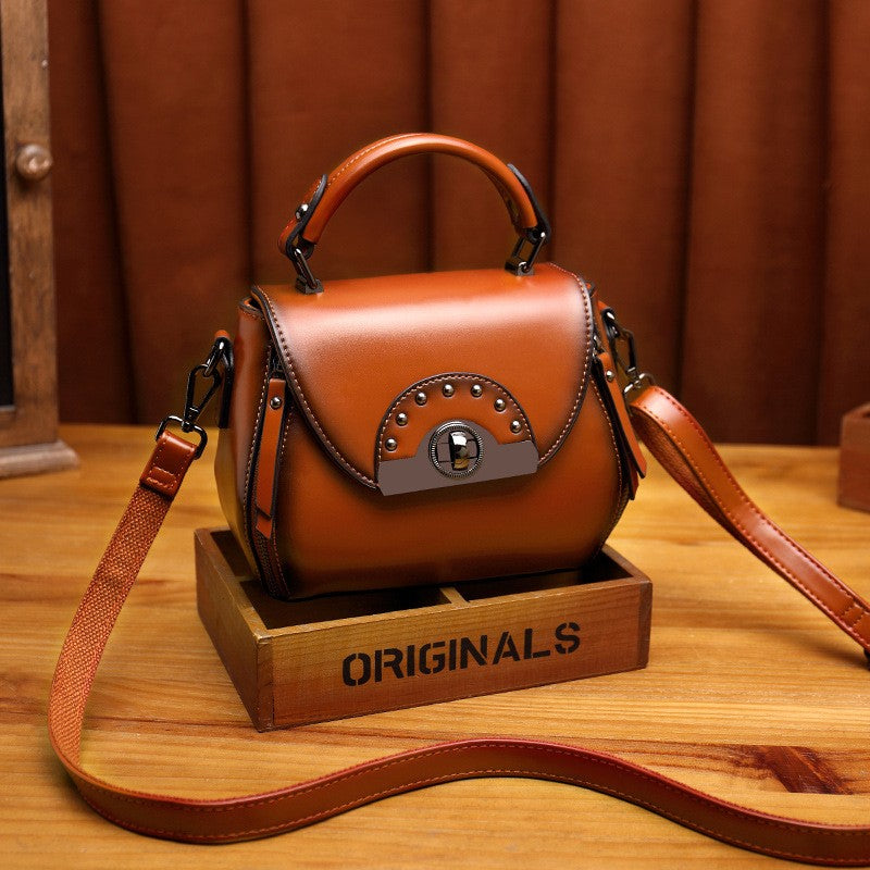 Vintage Studded Leather Top Handle Bag - Cognac