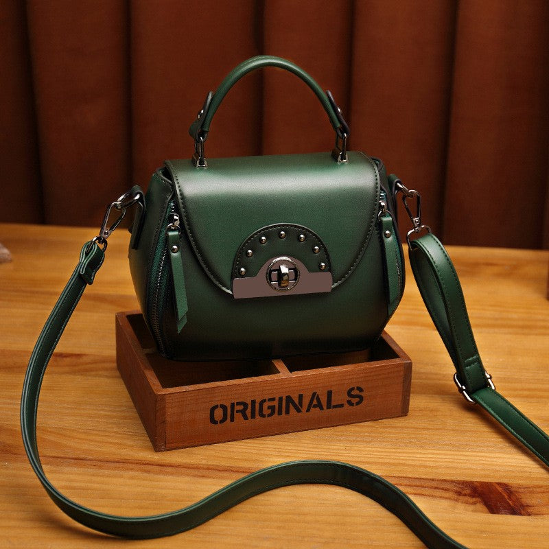 Vintage Studded Leather Top Handle Bag - Dark Green
