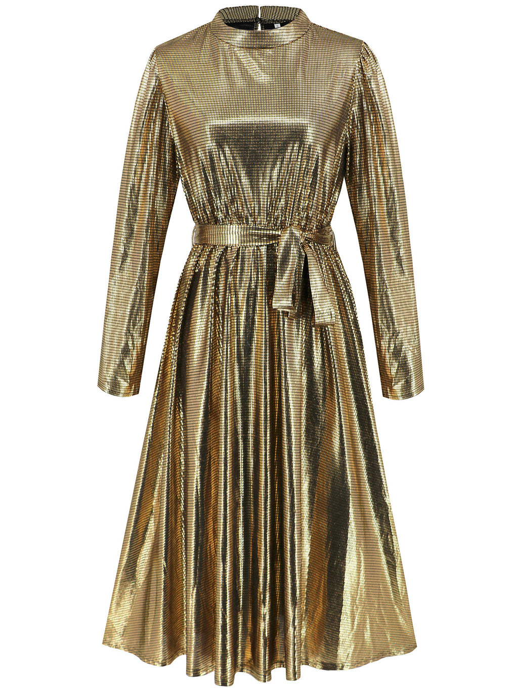 Metallic Pleated Long Sleeve Party Midi Dress - Gold - 1