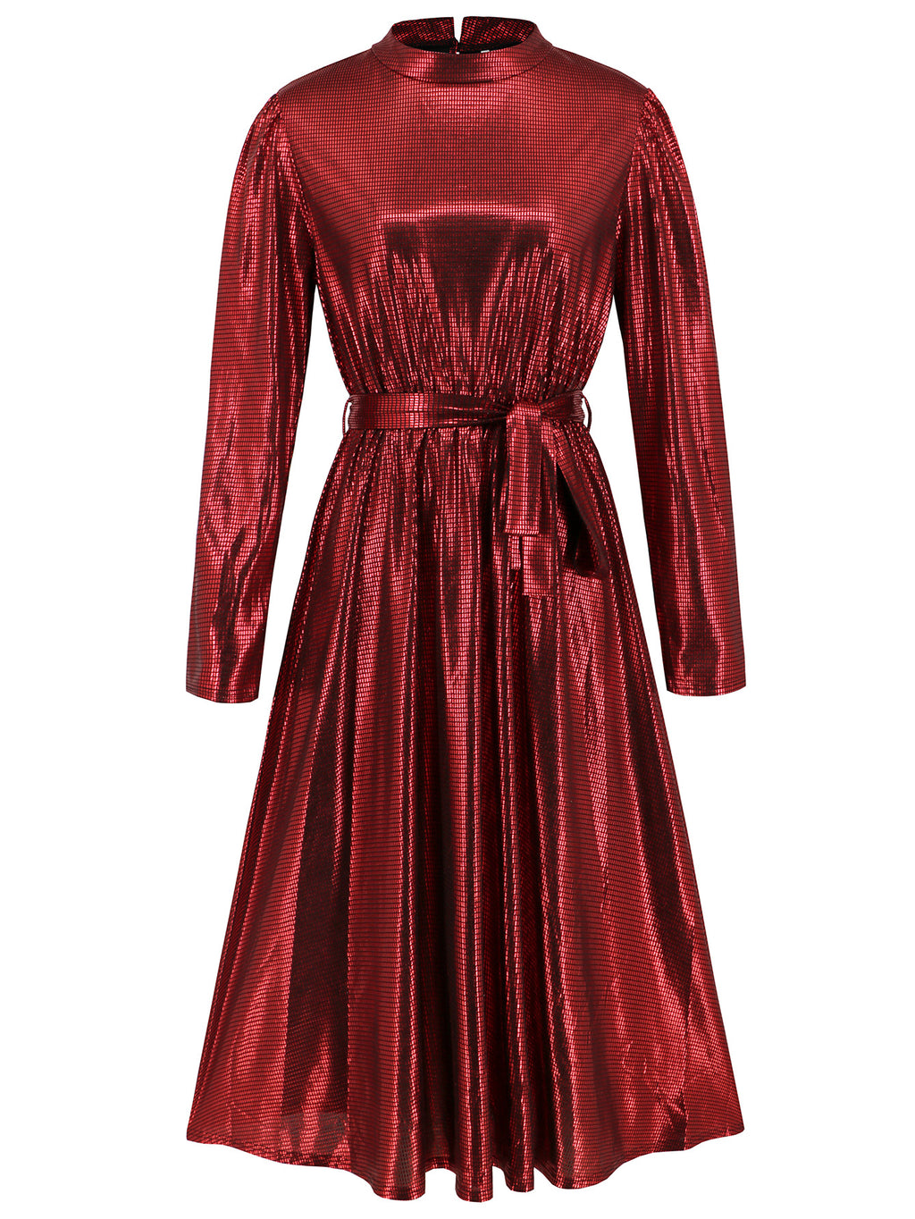 Metallic Pleated Long Sleeve Party Midi Dress - Red