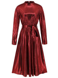 Metallic Pleated Long Sleeve Party Midi Dress - Red