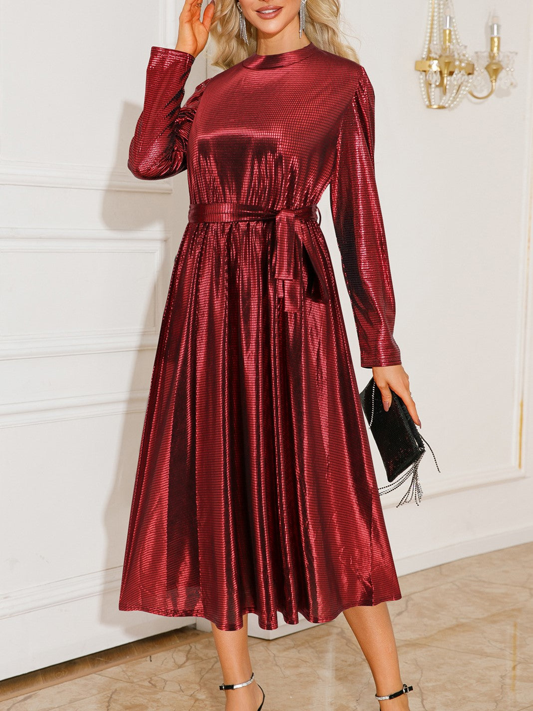 Metallic Pleated Long Sleeve Party Midi Dress - Red - 1