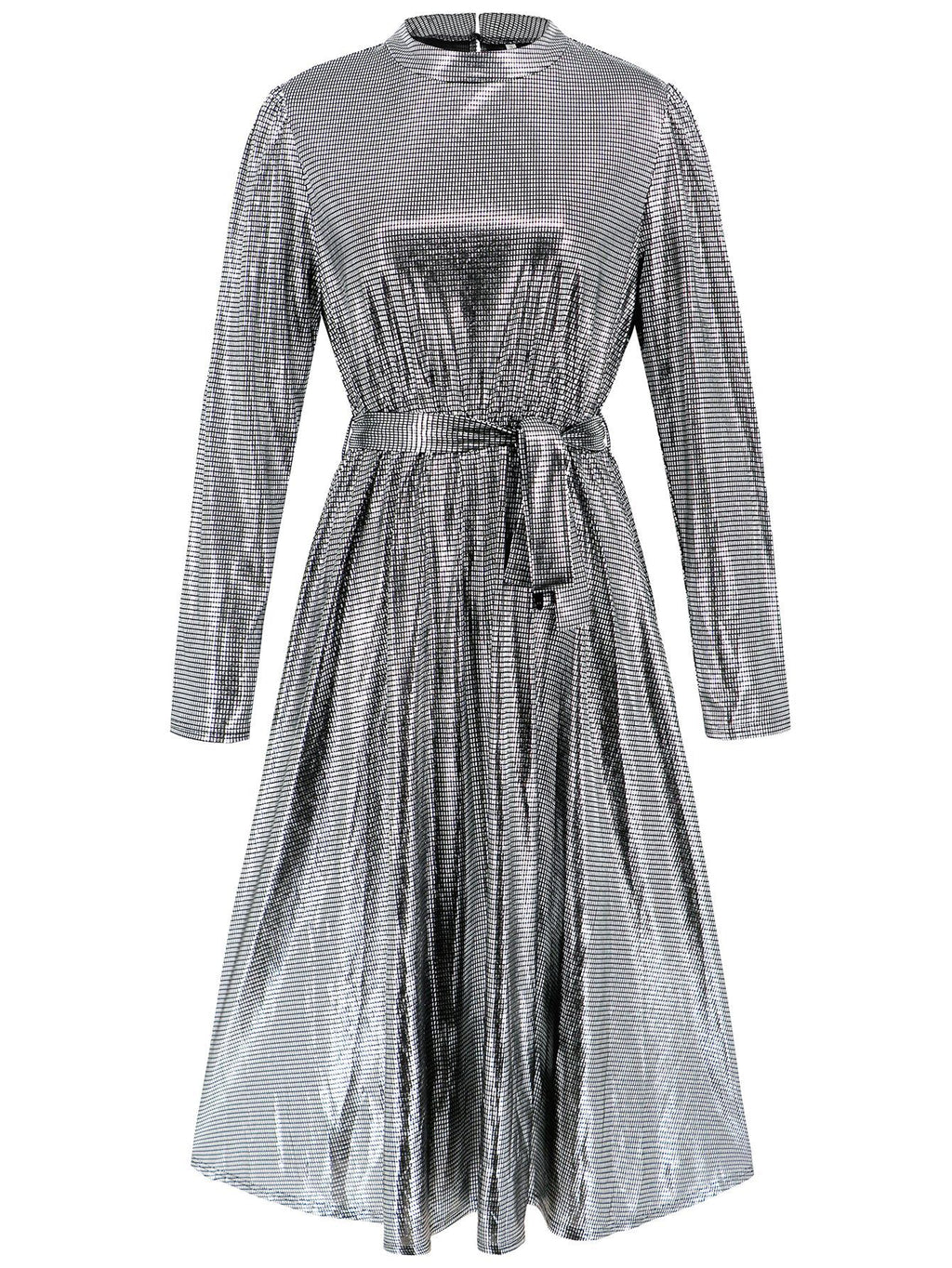 Metallic Pleated Long Sleeve Party Midi Dress - Silvery
