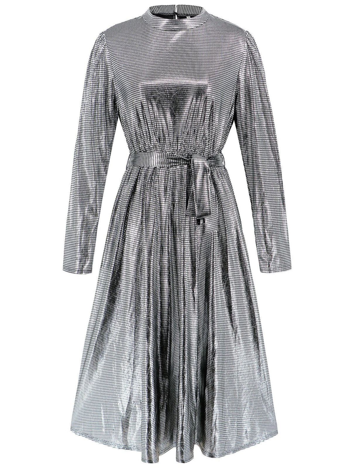 Metallic Pleated Long Sleeve Party Midi Dress - Silvery