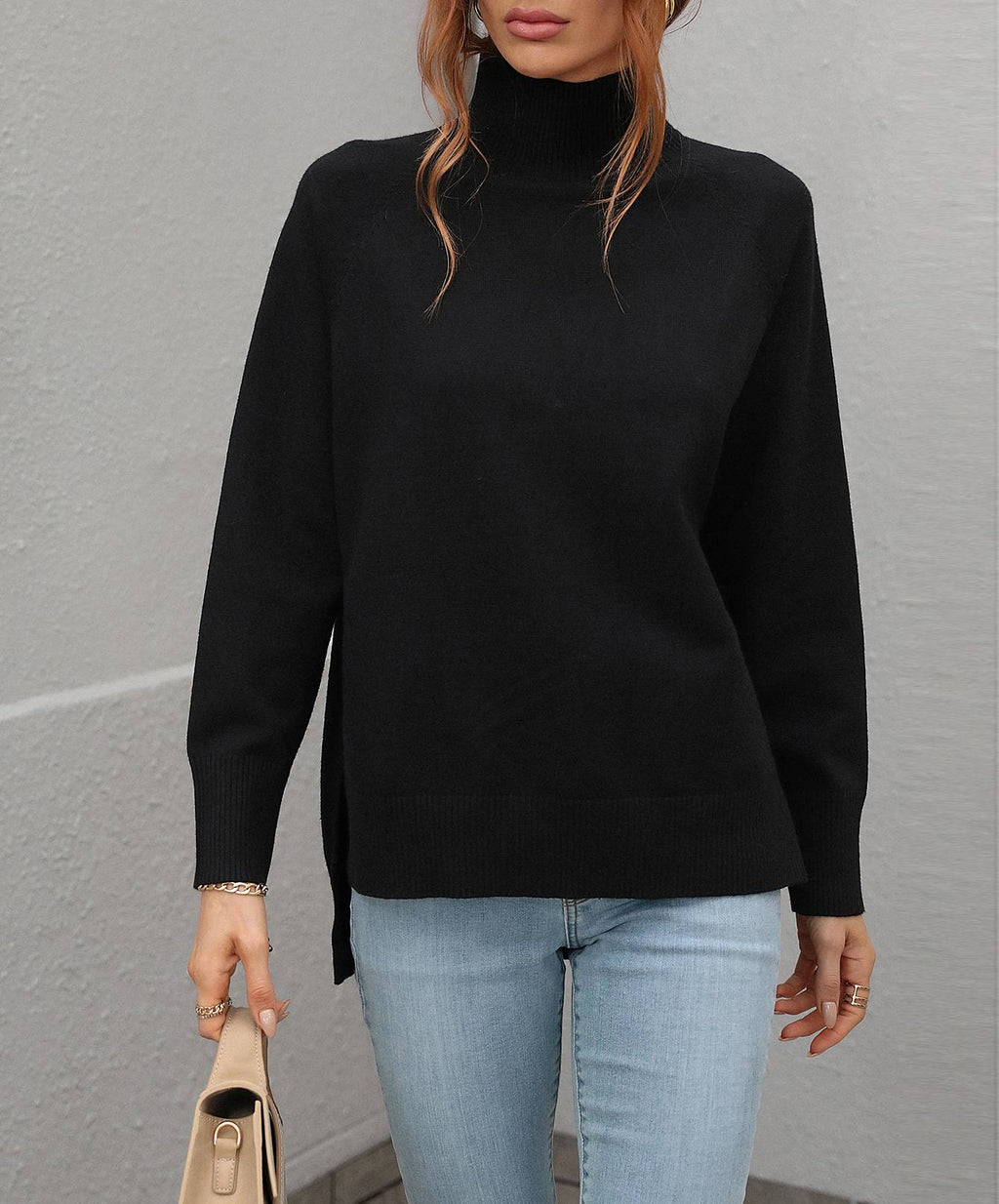 Turtleneck Side Slit Drop Shoulder Sweater - Black