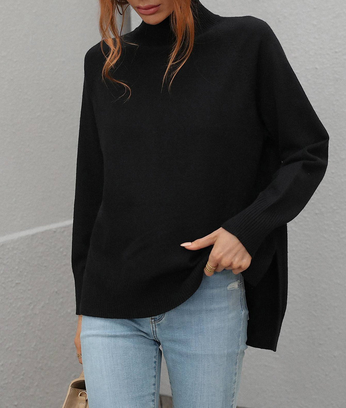 Turtleneck Side Slit Drop Shoulder Sweater - Black - 1