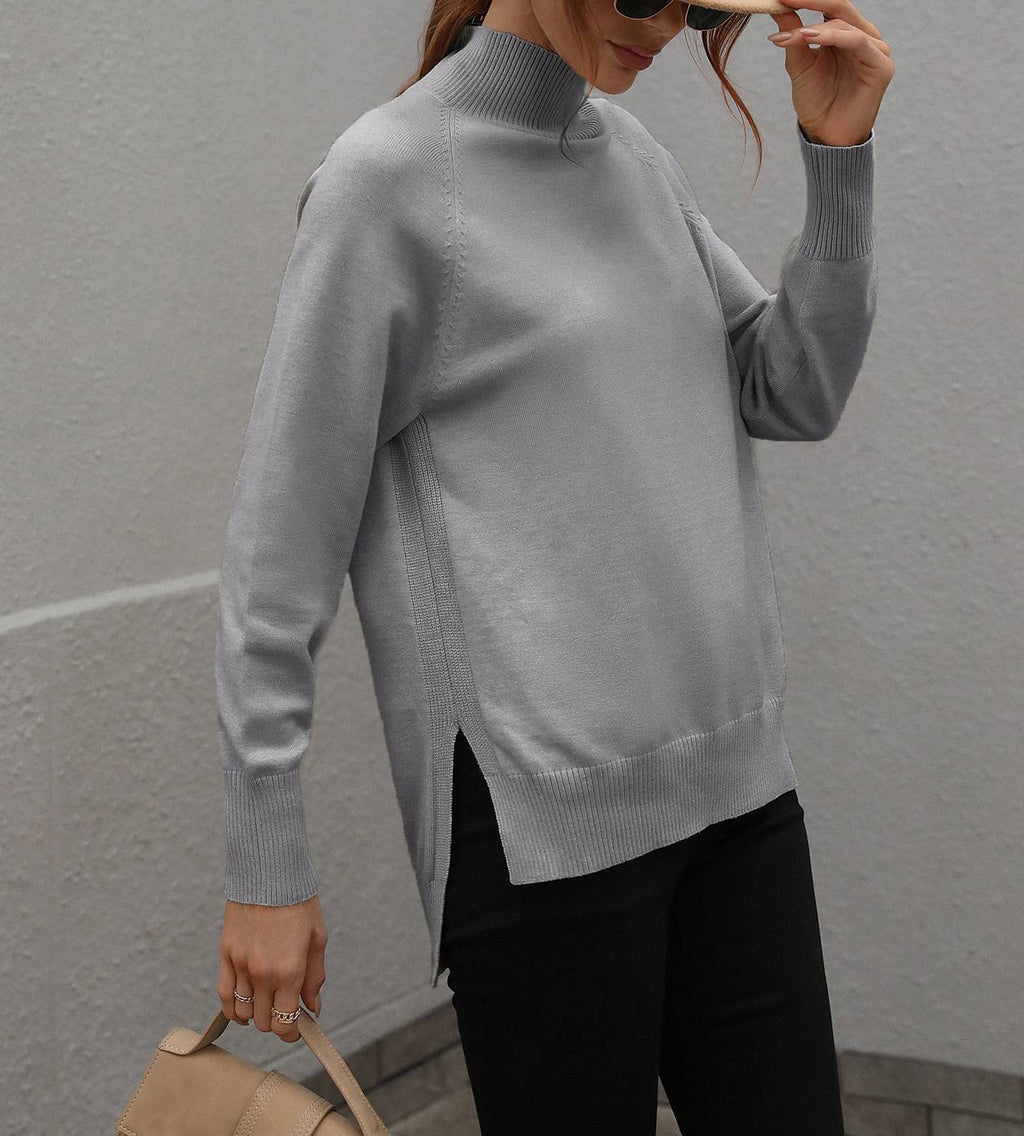 Turtleneck Side Slit Drop Shoulder Sweater - Gray - 1