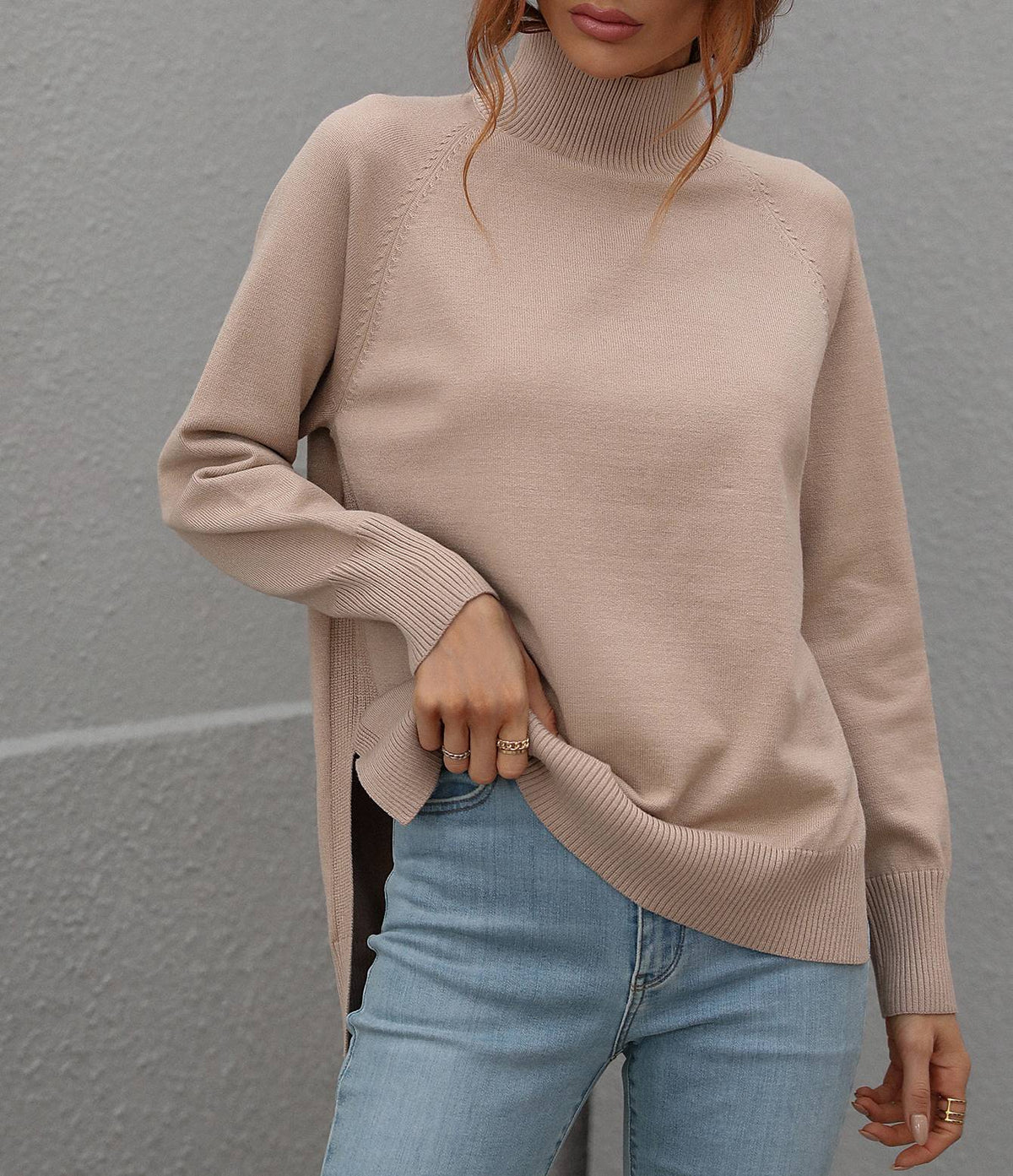 Turtleneck Side Slit Drop Shoulder Sweater - Khaki