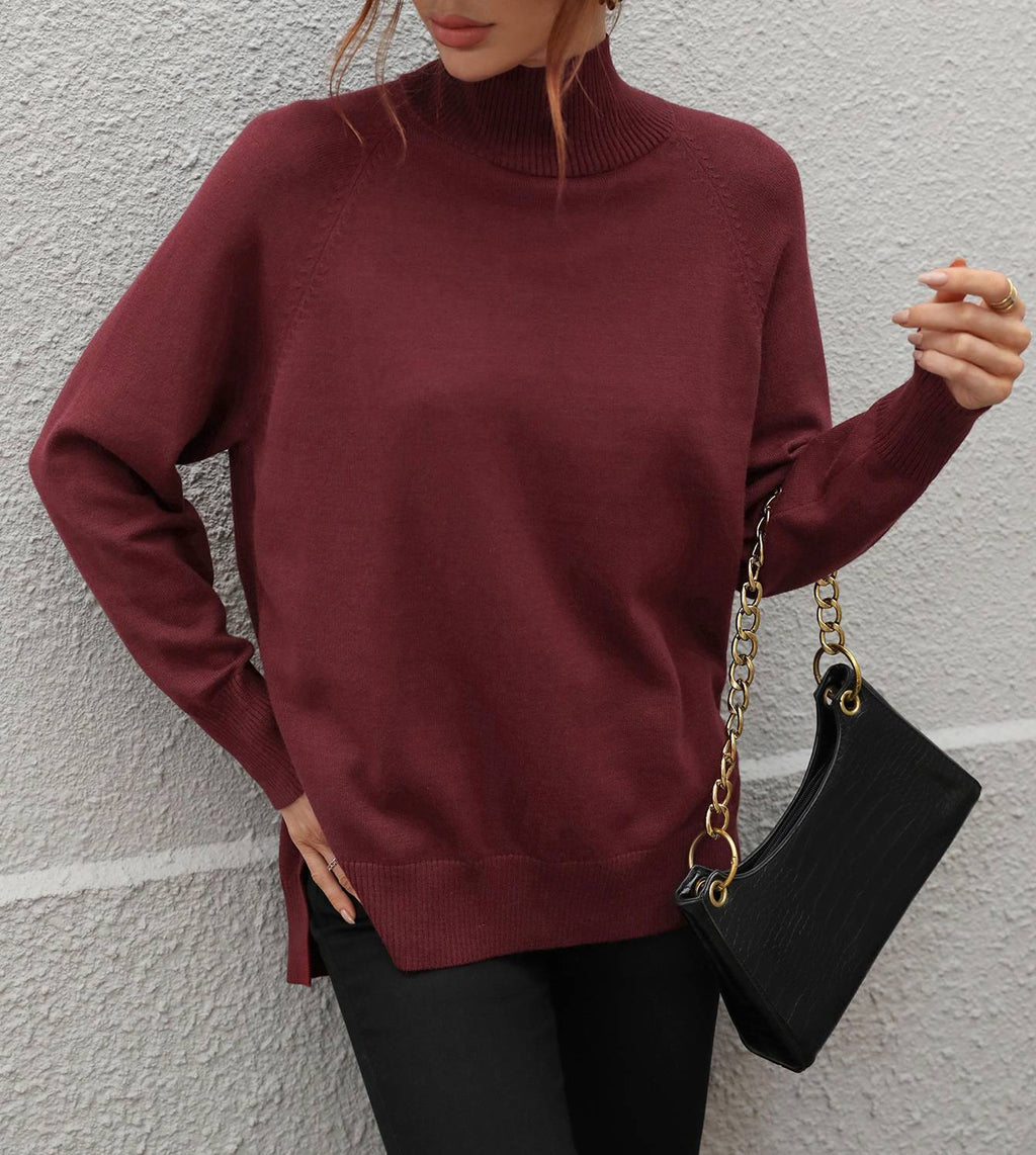 Turtleneck Side Slit Drop Shoulder Sweater - Red