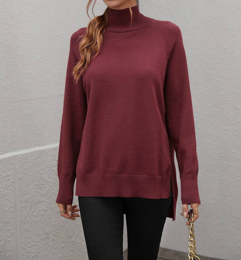 Turtleneck Side Slit Drop Shoulder Sweater - Red - 1