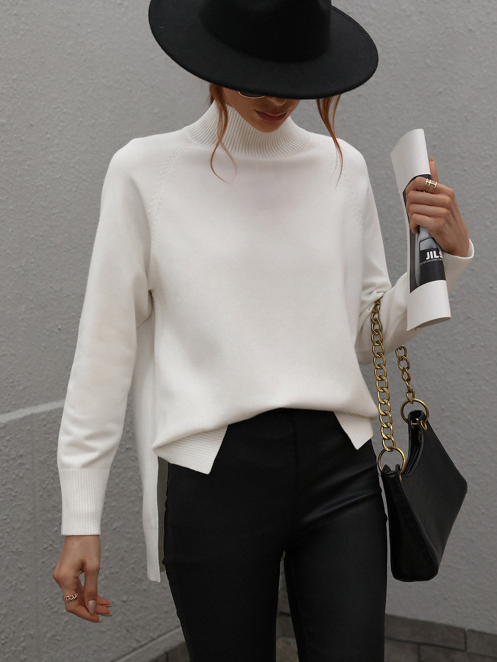 Turtleneck Side Slit Drop Shoulder Sweater - White