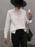 Turtleneck Side Slit Drop Shoulder Sweater - White