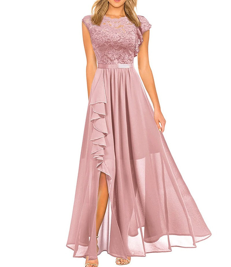 Lace Bodice Chiffon Ruffle Slit Maxi Dress - Blush Pink