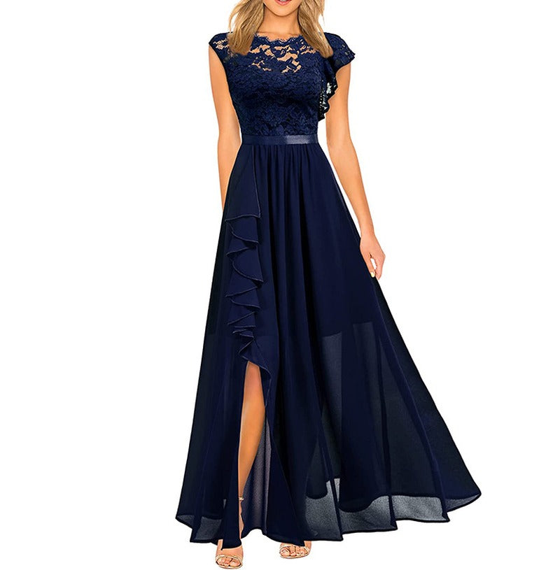 Lace Bodice Chiffon Ruffle Slit Maxi Dress - Navy