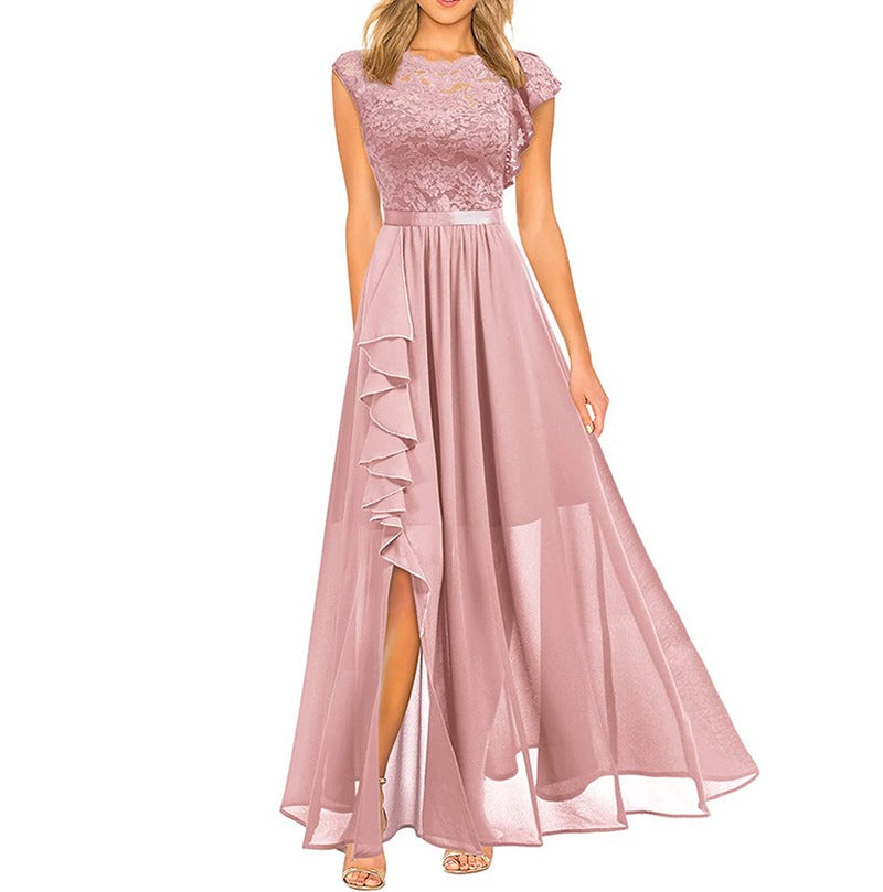 Lace Bodice Chiffon Ruffle Slit Maxi Dress